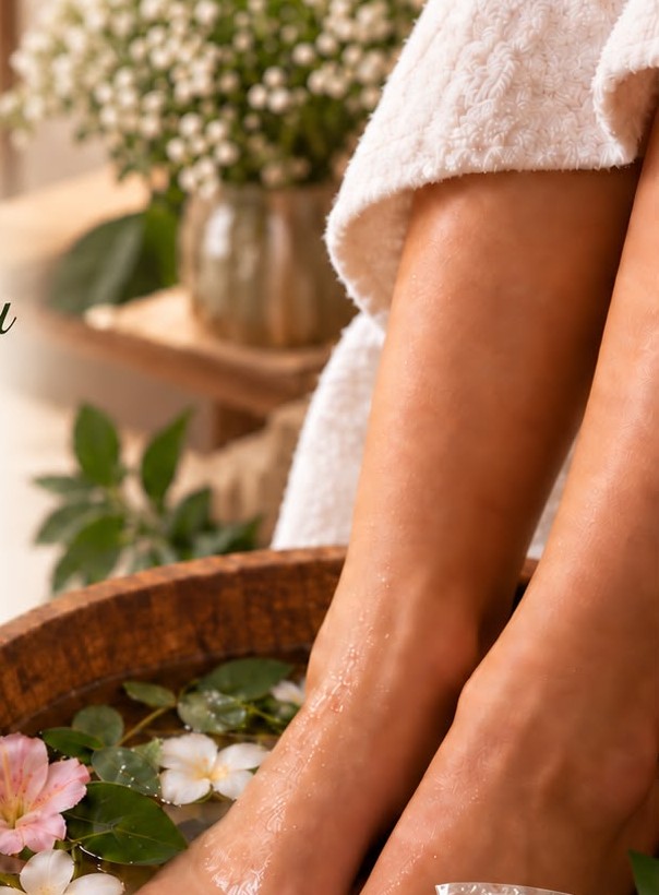 Imagem ilustrativa de um escalda-pés com flores e elementos naturais